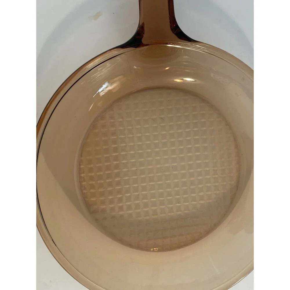 Vision Corning Large 10” Waffle Bottom Frying Pan Skillet & Lid Amber USA READ